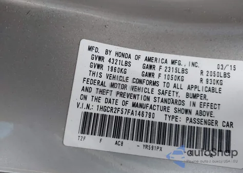 2015 Honda Accord Sport из США, поврежденный, VIN 1HGCR2F57FA146790